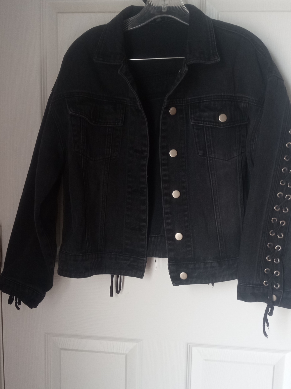 Black Lace-Up Sleeve Denim Jacket - Women's Jean Jacket